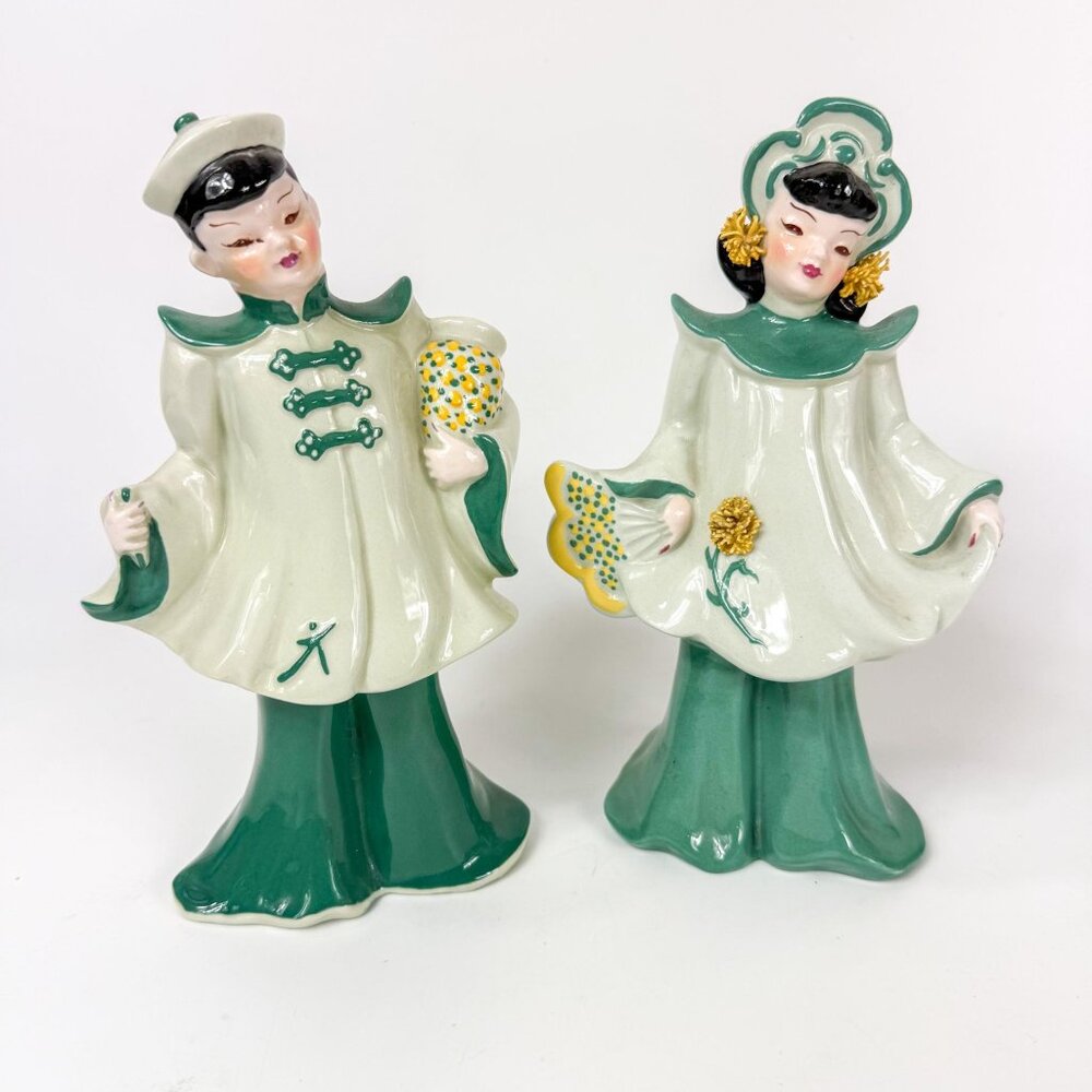 Florence Ceramics California Chinese Boy and Girl Green Ceramic Figurines